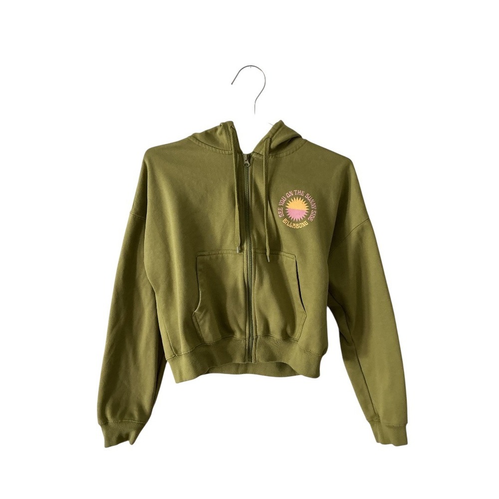 Billabong Womens XS Green Sunny Side Graphic Cropped Full Zip Hoodie Sweatshirt